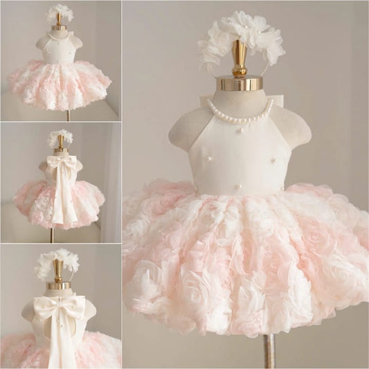 Vestido Princesa Pérolas Rosa & Branco