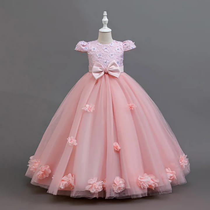 Vestido Infantil Rosa com Flores e Laço