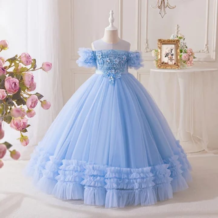 Vestido Infantil Princesa Azul com Renda e Tule