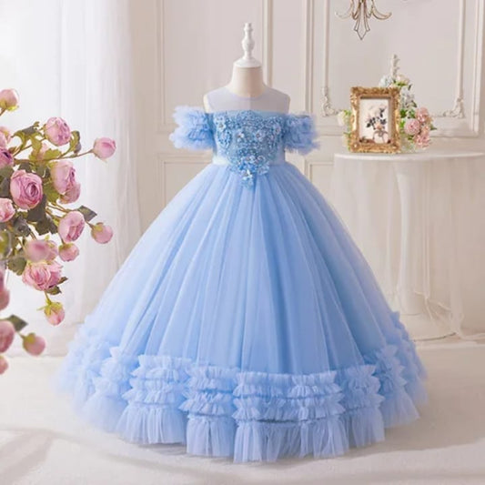 Vestido Infantil Princesa Azul com Renda e Tule