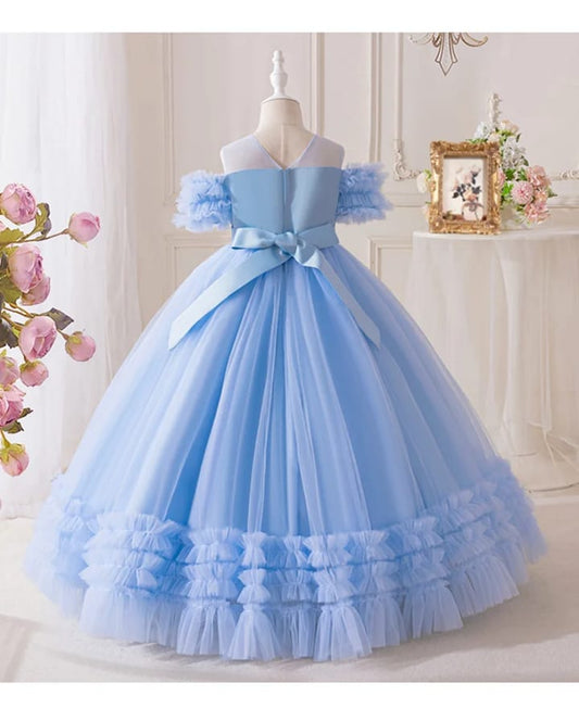 Vestido Infantil Princesa Azul com Renda e Tule