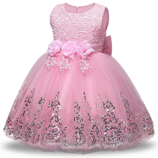 Vestido Infantil Rosa com Renda e Flores