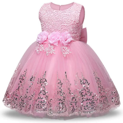 Vestido Infantil Rosa com Renda e Flores