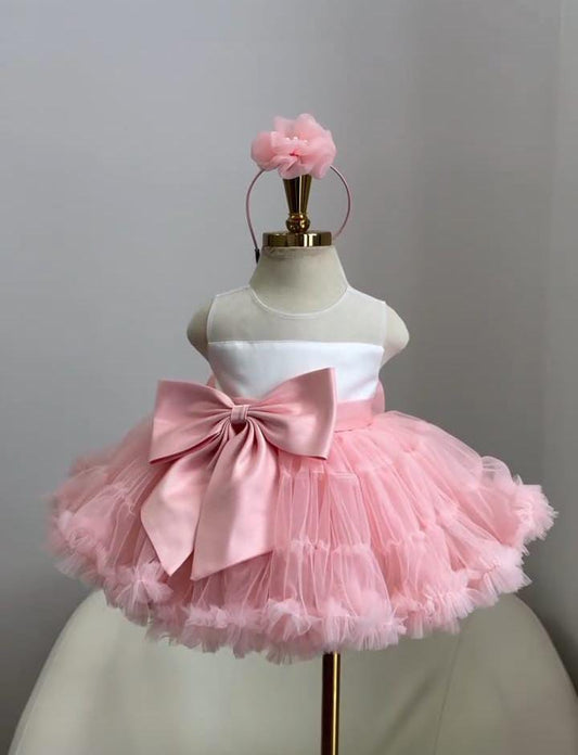 Vestido Infantil Rosa e Branco com Laço
